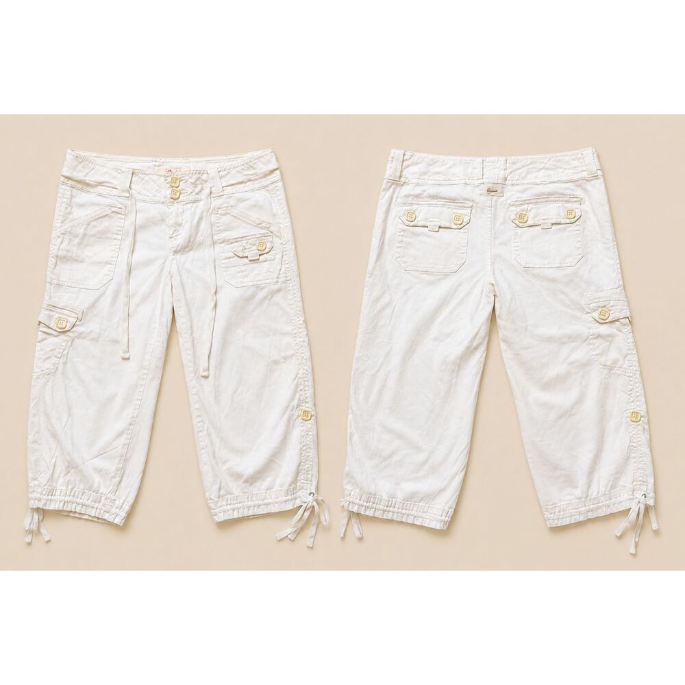 Vintage Y2K Womens White Cargo Shorts Lace Up Front Capri Shorts